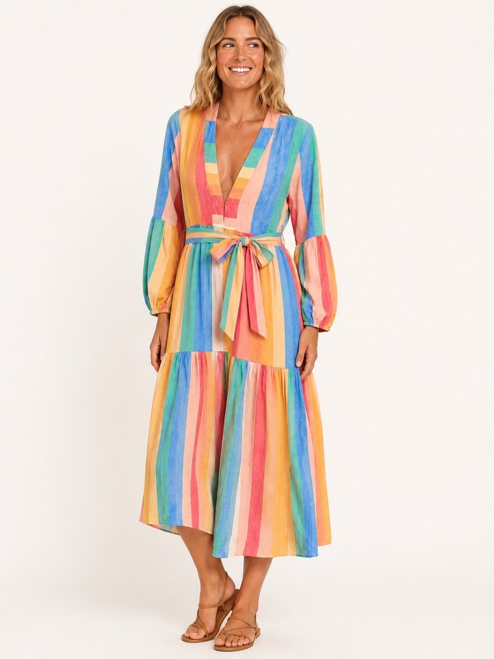 Billabong Rainbow Stripe Boho Midi Dress Balloon Sleeve V-Neck Dress Sma